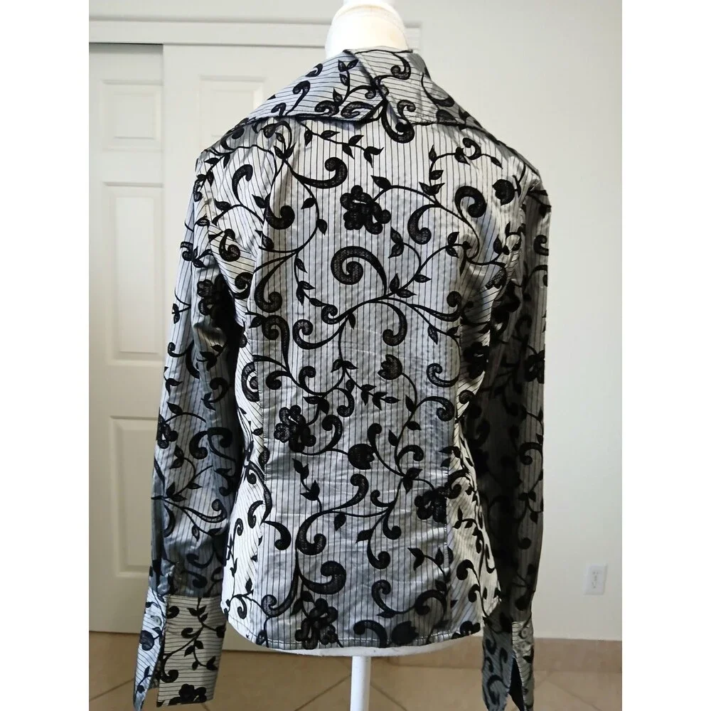 Farina Z Taghavi Blouse Shirt Gray Black Floral 10 Long Sleeve Button Office